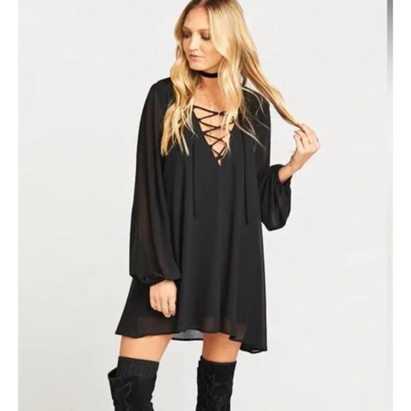 Show Me Your MuMu Dresses & Skirts - SHOW ME YOUR MUMU Thunderbird Oversize Flowy Lace Up Neck Black Dress S Bohemian